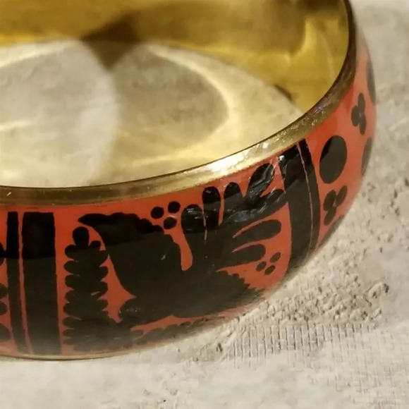 India Brass Bangle Bracelet with Black Orange Red Peace Dove Olive Branch Design - Picture 6 of 6
